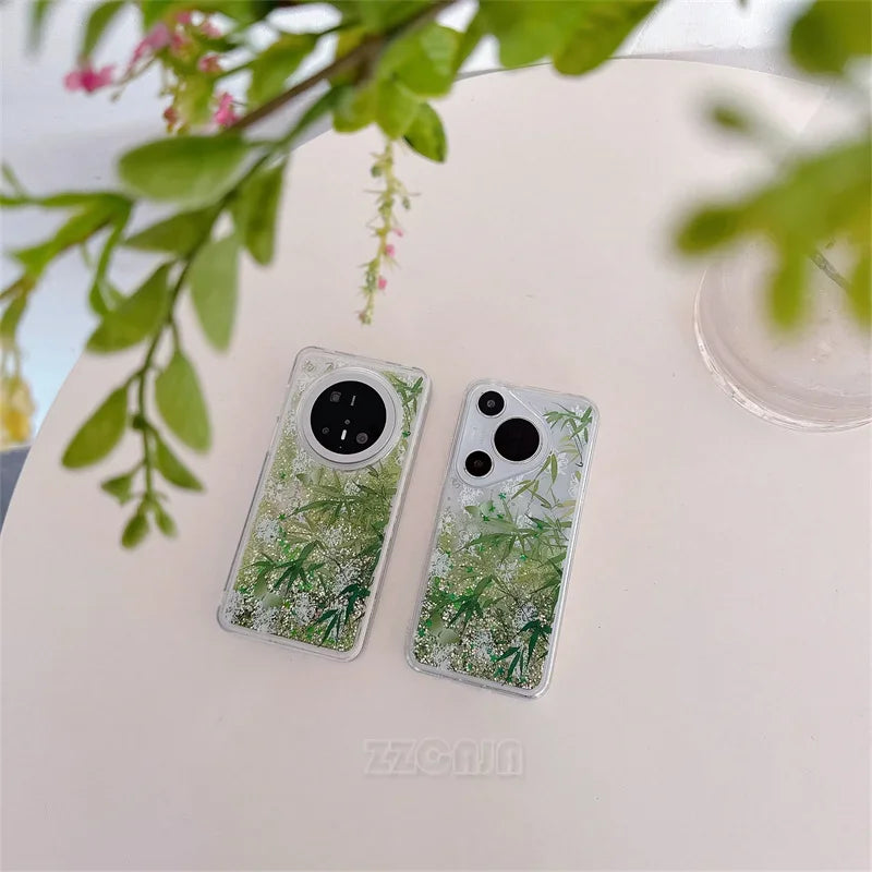 For Huawei Pura 70 Pro P60 Mate 40 50 60 Pro Case Glitter Shiny Bamboo Goldfish Liquid Quicksand Chinese Traditional Style Cover