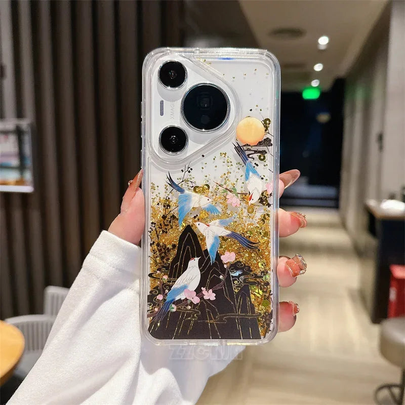 For Huawei Pura 70 Pro P60 Mate 40 50 60 Pro Case Glitter Shiny Bamboo Goldfish Liquid Quicksand Chinese Traditional Style Cover