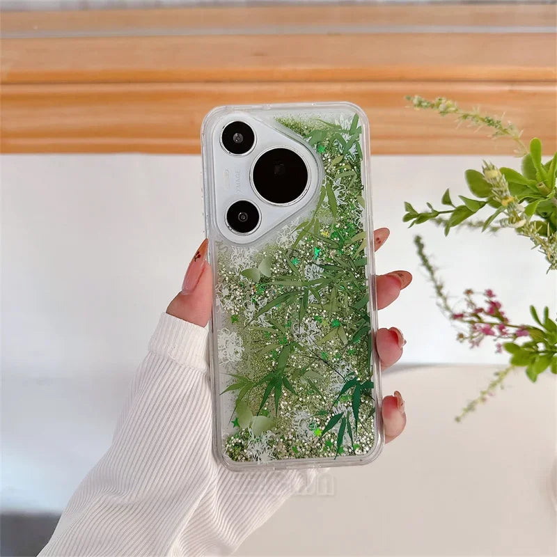For Huawei Pura 70 Pro P60 Mate 40 50 60 Pro Case Glitter Shiny Bamboo Goldfish Liquid Quicksand Chinese Traditional Style Cover