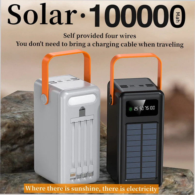 150000mAh Solar Panel Power Bank Fast charging Power Station with Four Wire External Battery Pack with Flashlight For Outdoors