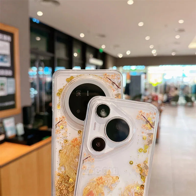For Huawei Pura 70 Pro P60 Mate 40 50 60 Pro Case Glitter Shiny Bamboo Goldfish Liquid Quicksand Chinese Traditional Style Cover