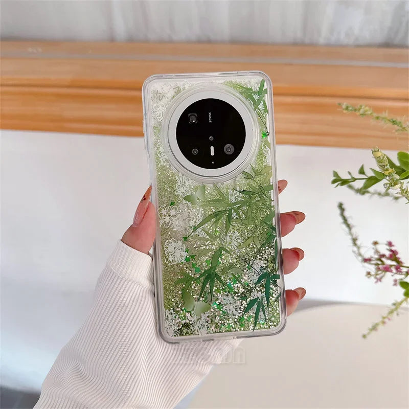 For Huawei Pura 70 Pro P60 Mate 40 50 60 Pro Case Glitter Shiny Bamboo Goldfish Liquid Quicksand Chinese Traditional Style Cover