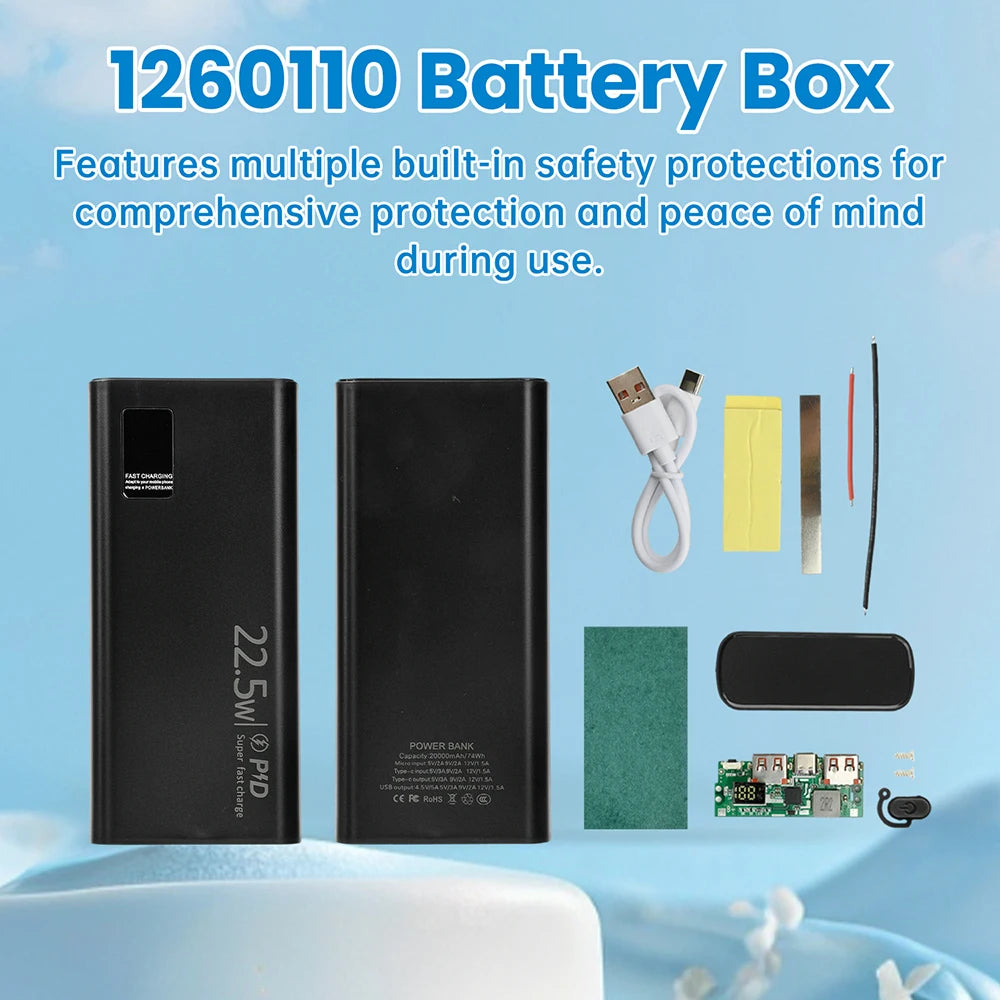 22.5W Fast Charging Module Power Bank Battery Holder 2* 1260110 Quick Charge PD Battery Holder Power Bank Case DIY Shell