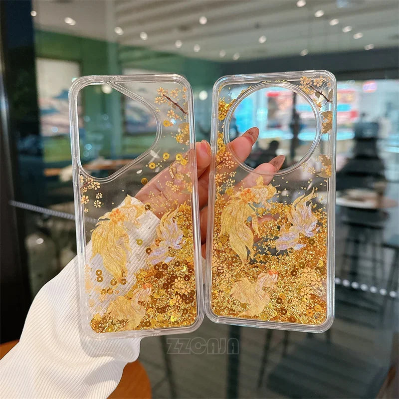 For Huawei Pura 70 Pro P60 Mate 40 50 60 Pro Case Glitter Shiny Bamboo Goldfish Liquid Quicksand Chinese Traditional Style Cover
