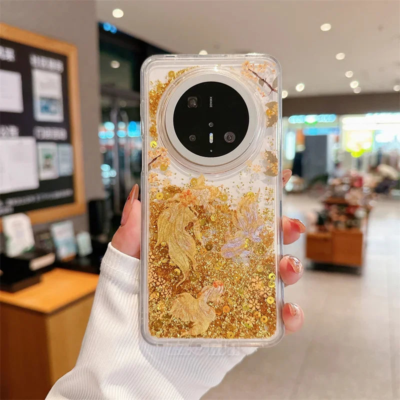 For Huawei Pura 70 Pro P60 Mate 40 50 60 Pro Case Glitter Shiny Bamboo Goldfish Liquid Quicksand Chinese Traditional Style Cover