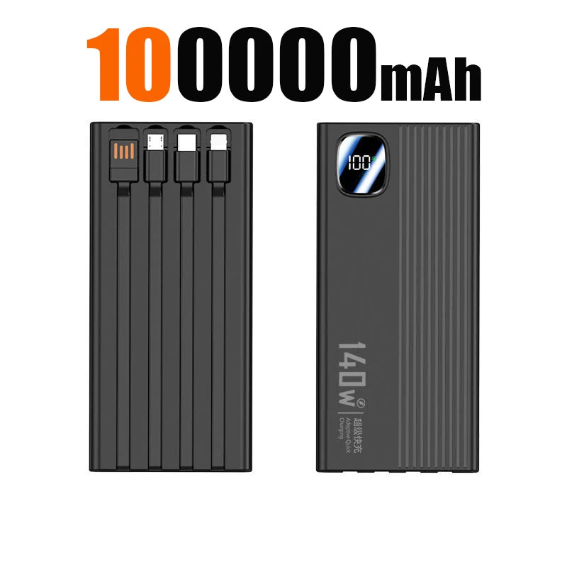 140W 500000mAh Power Bank Large Capacity 4 In1 Cables Intelligent Digital Display Light Portable Powerbank For iPhone Huawei New
