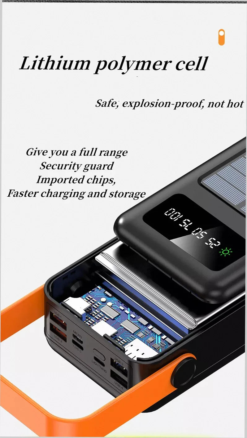 150000mAh Solar Panel Power Bank Fast charging Power Station with Four Wire External Battery Pack with Flashlight For Outdoors