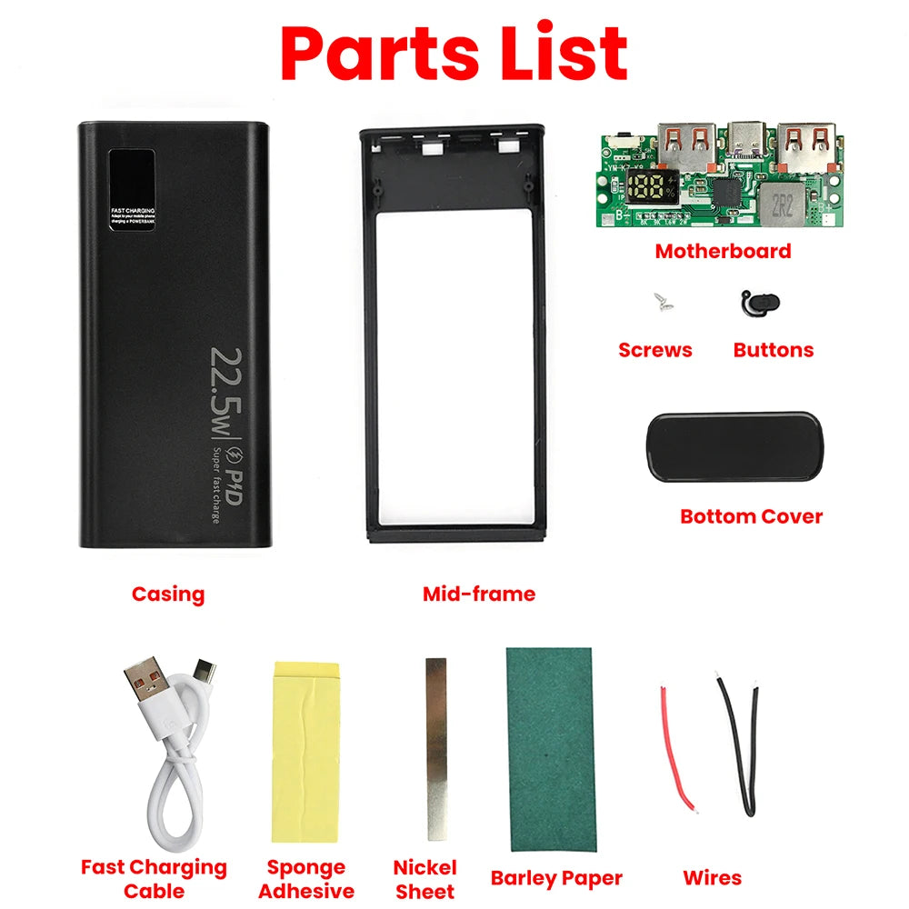 22.5W Fast Charging Module Power Bank Battery Holder 2* 1260110 Quick Charge PD Battery Holder Power Bank Case DIY Shell