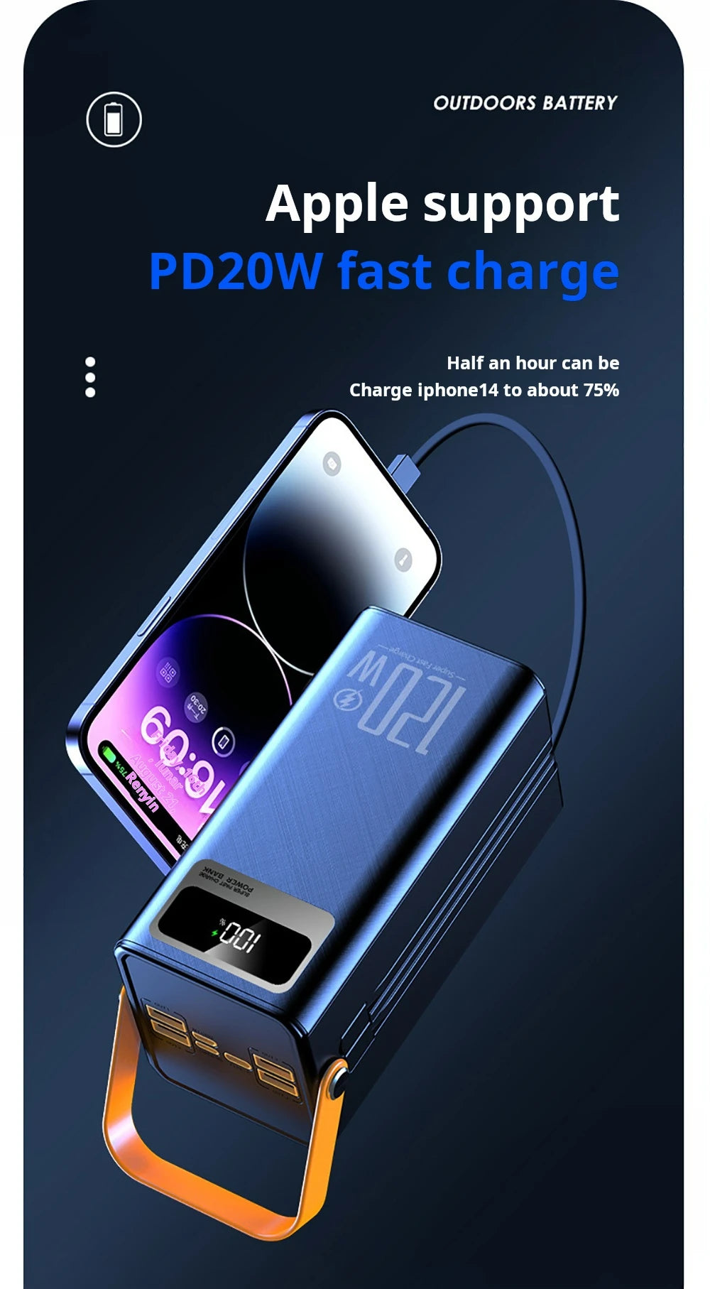 30000mAh / 60000mAh High Capacity Power Bank, 120W Quick Charge External Battery Pack with LED Light for Phone Laptop