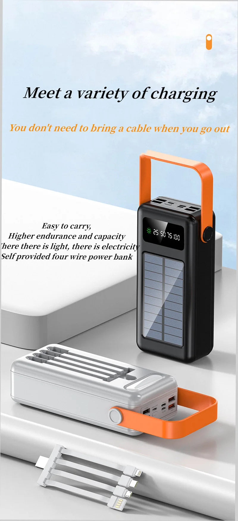 150000mAh Solar Panel Power Bank Fast charging Power Station with Four Wire External Battery Pack with Flashlight For Outdoors