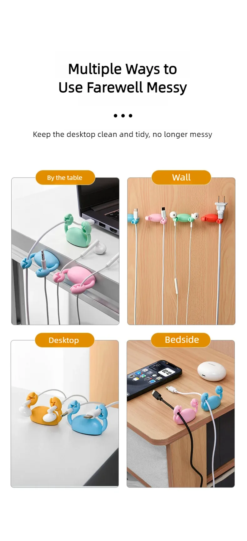 Cute Crab Cable Organizer Clip Data Cable Stand Mobile Phone Charging Cable Organizers Fixer Desk Self-Adhesive Wire Tidy Holder