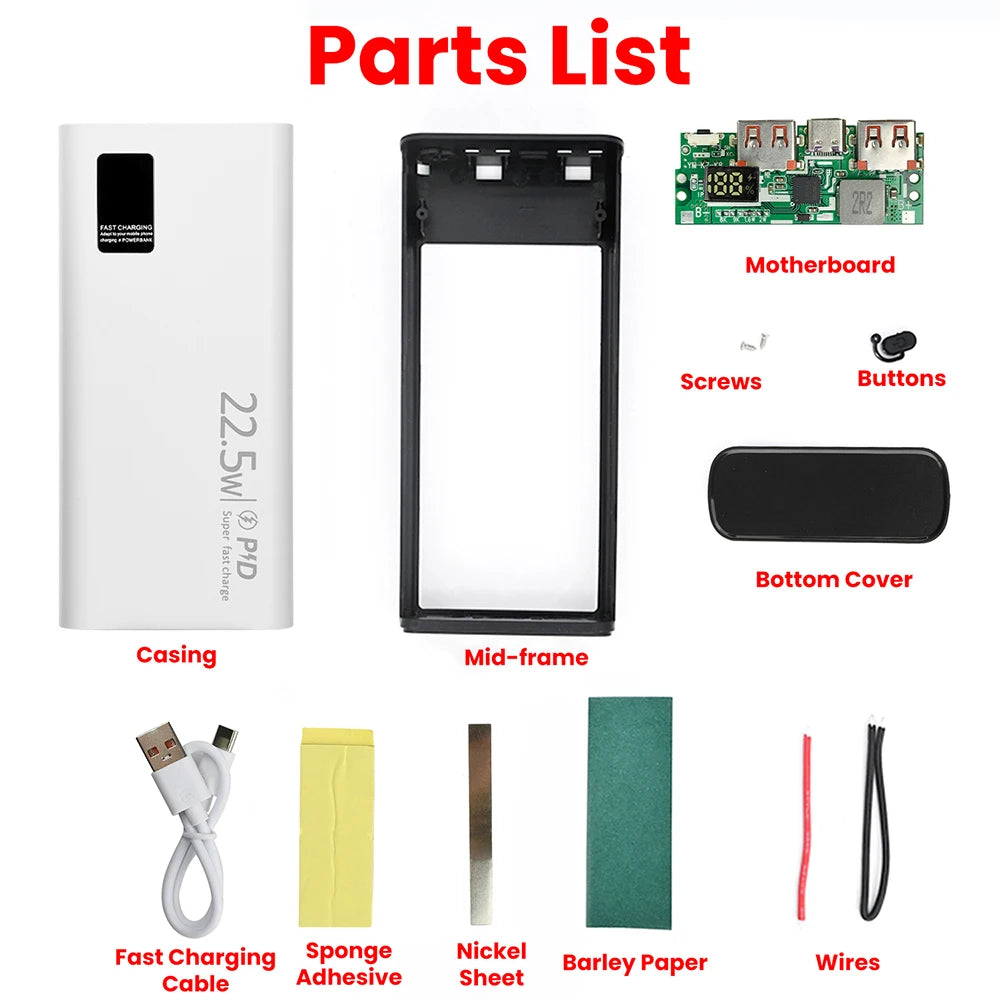 22.5W Fast Charging Module Power Bank Battery Holder 2* 1260110 Quick Charge PD Battery Holder Power Bank Case DIY Shell
