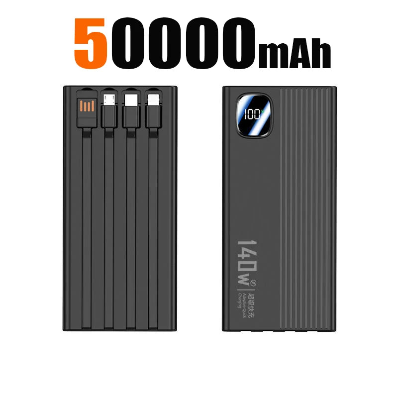 140W 500000mAh Power Bank Large Capacity 4 In1 Cables Intelligent Digital Display Light Portable Powerbank For iPhone Huawei New
