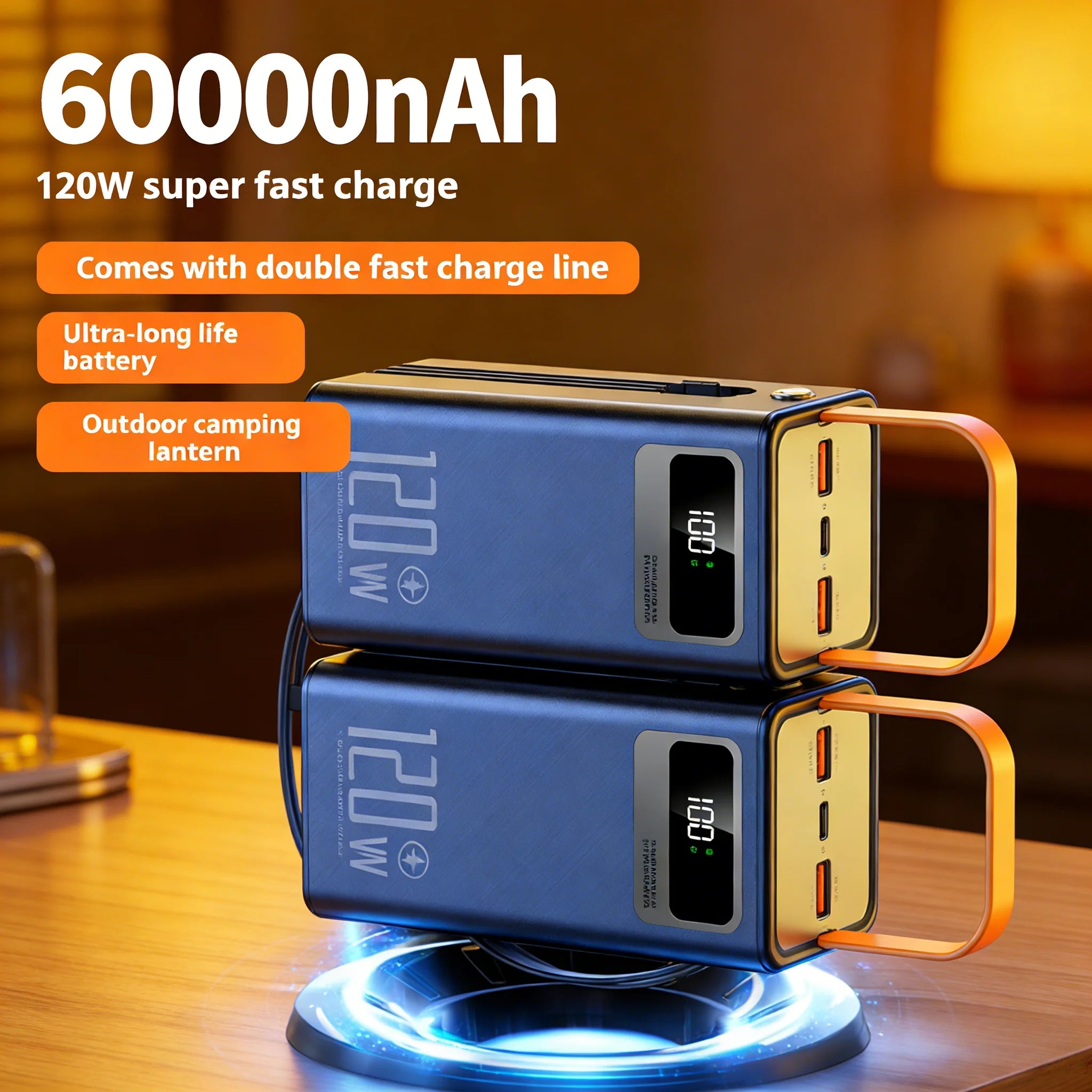 30000mAh / 60000mAh High Capacity Power Bank, 120W Quick Charge External Battery Pack with LED Light for Phone Laptop
