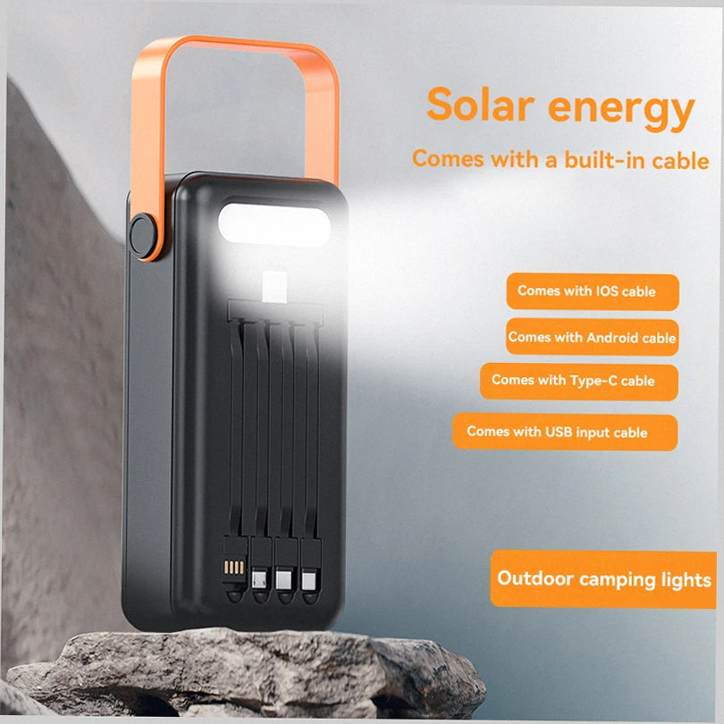 150000mAh Solar Panel Power Bank Fast charging Power Station with Four Wire External Battery Pack with Flashlight For Outdoors