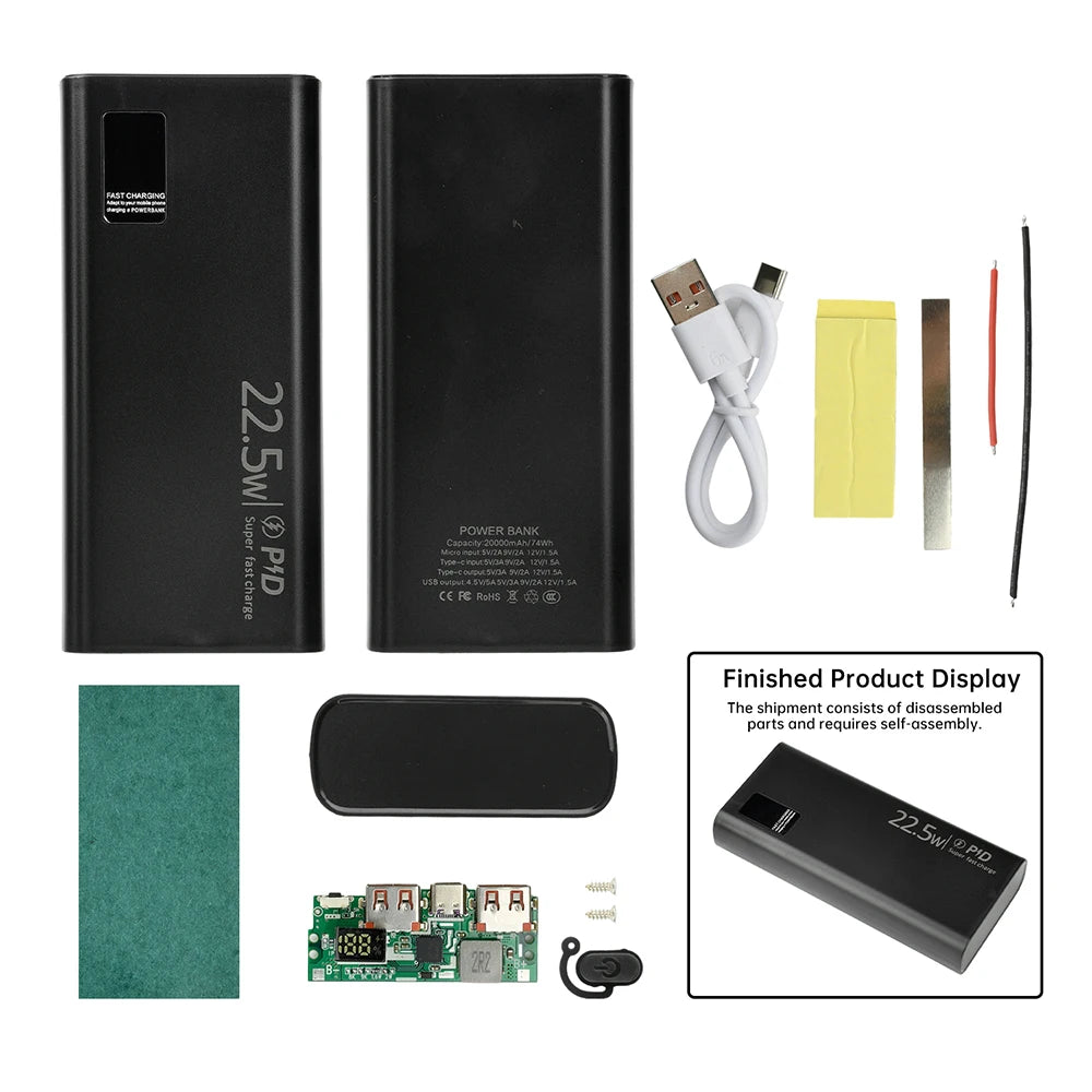 22.5W Fast Charging Module Power Bank Battery Holder 2* 1260110 Quick Charge PD Battery Holder Power Bank Case DIY Shell