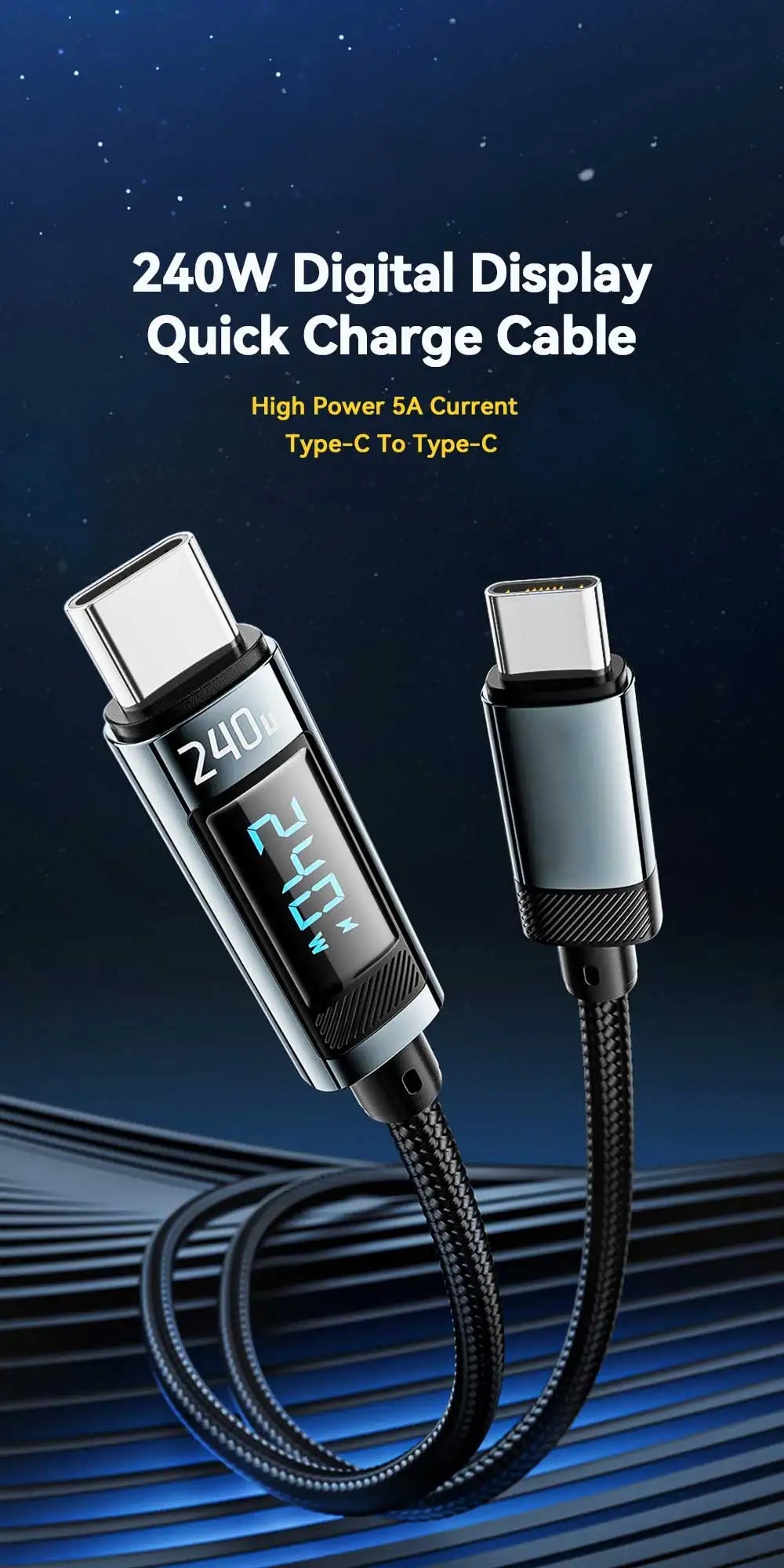 240W PD Fast Charging Type C to Type C Cable with 100W Digital Display USB C to USB C Cable for Xiaomi Huawei MacBook iPad