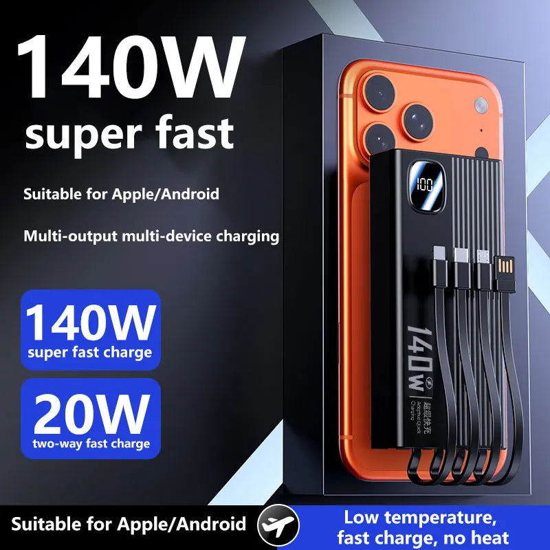 140W 500000mAh Power Bank Large Capacity 4 In1 Cables Intelligent Digital Display Light Portable Powerbank For iPhone Huawei New