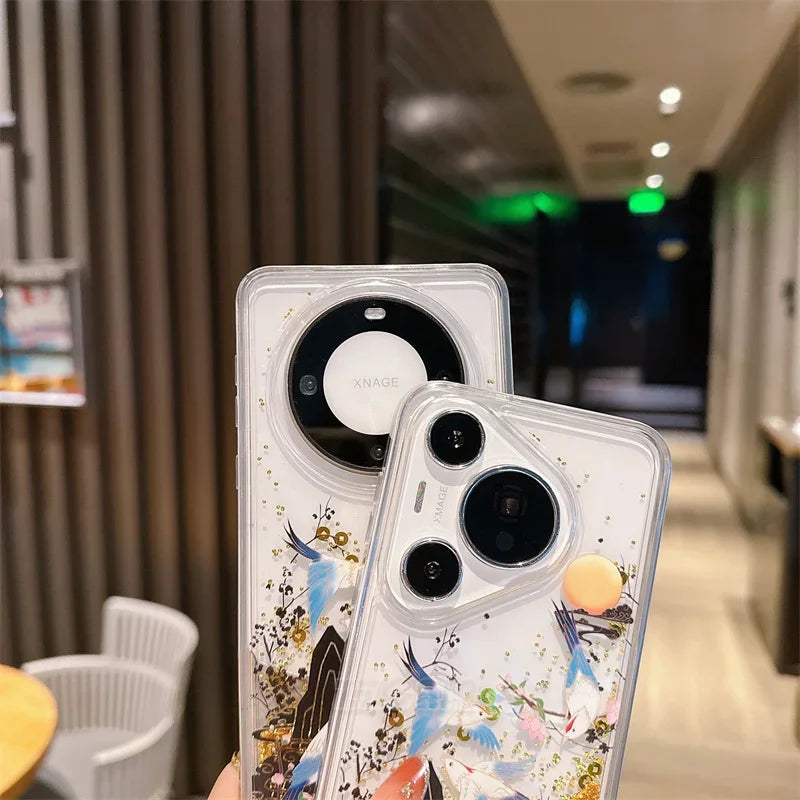 For Huawei Pura 70 Pro P60 Mate 40 50 60 Pro Case Glitter Shiny Bamboo Goldfish Liquid Quicksand Chinese Traditional Style Cover