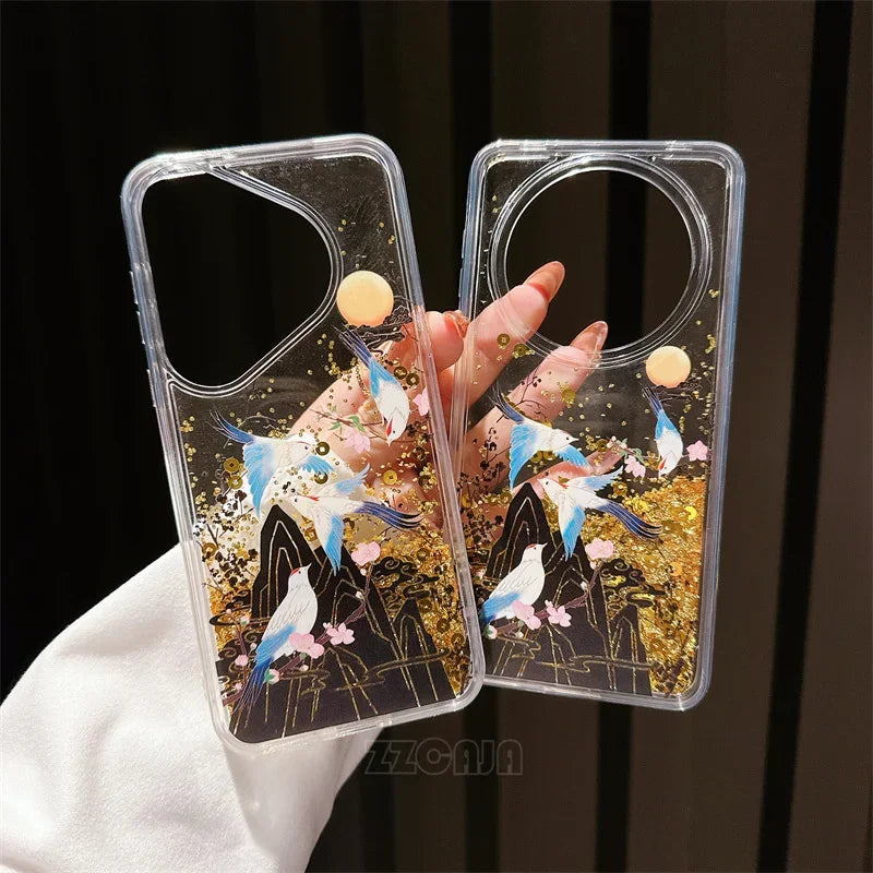 For Huawei Pura 70 Pro P60 Mate 40 50 60 Pro Case Glitter Shiny Bamboo Goldfish Liquid Quicksand Chinese Traditional Style Cover