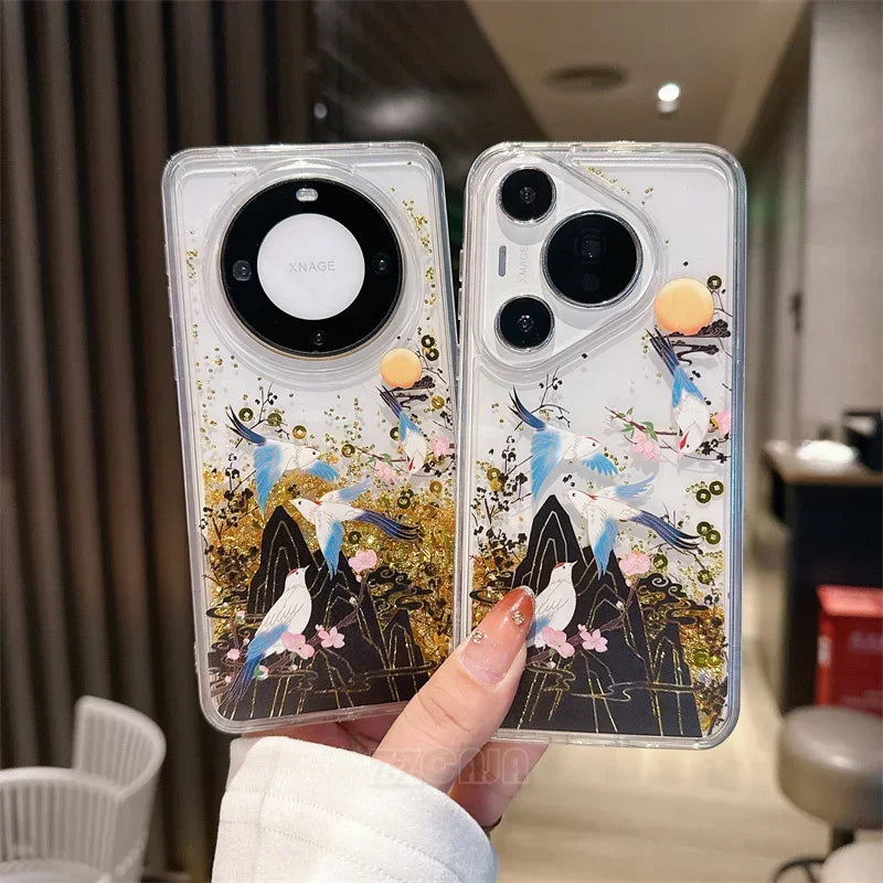 For Huawei Pura 70 Pro P60 Mate 40 50 60 Pro Case Glitter Shiny Bamboo Goldfish Liquid Quicksand Chinese Traditional Style Cover