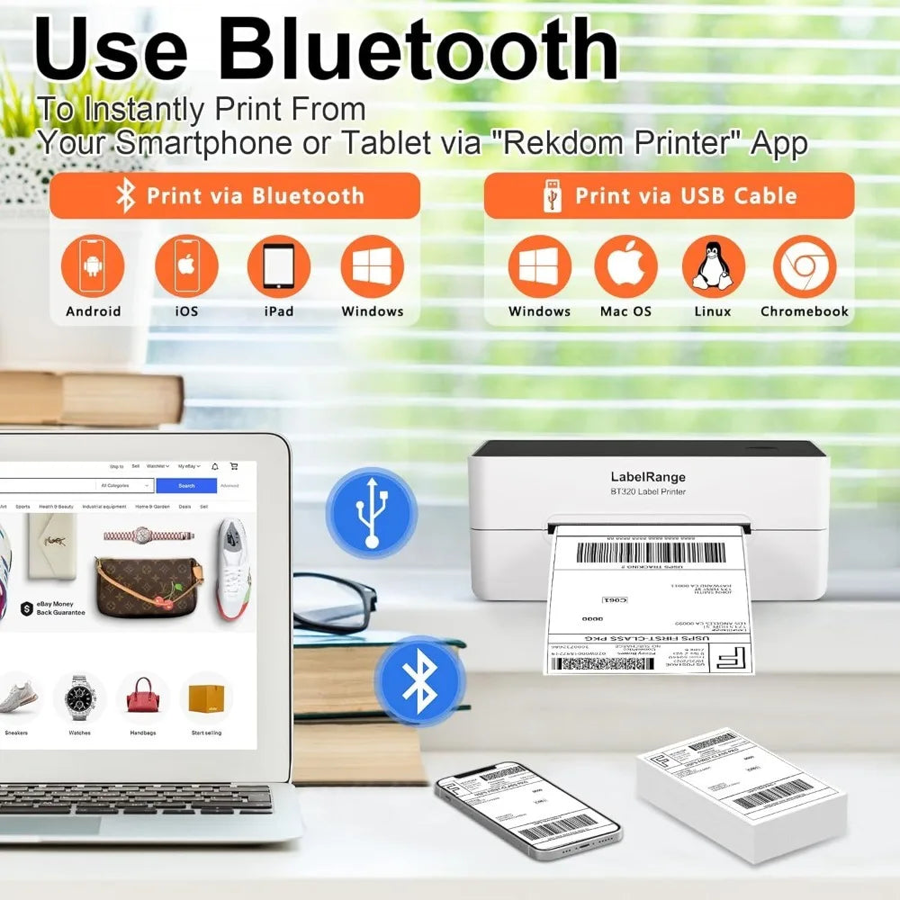 4x6 Thermal Shipping Label Printer for Ecommerce Compatible with Amazon eBay USPS Pirate Ship Bluetooth and USB
