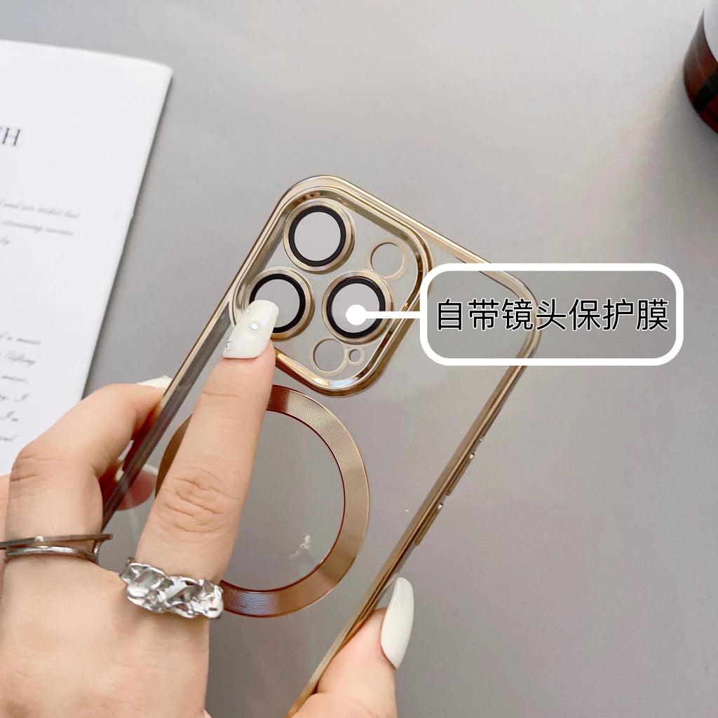 Luxury Plating Magnetic Wireless Charging Soft TPU Phone Case for iPhone 15 14 13 12 11 Pro Max Magsafe Lens Film Clear Cover