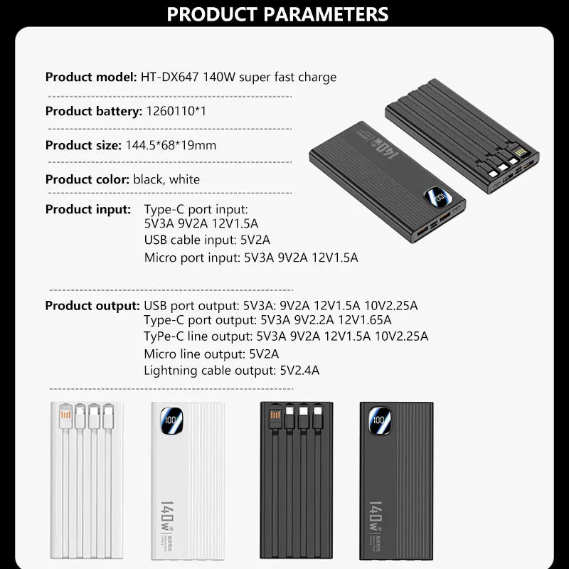 140W 500000mAh Power Bank Large Capacity 4 In1 Cables Intelligent Digital Display Light Portable Powerbank For iPhone Huawei New
