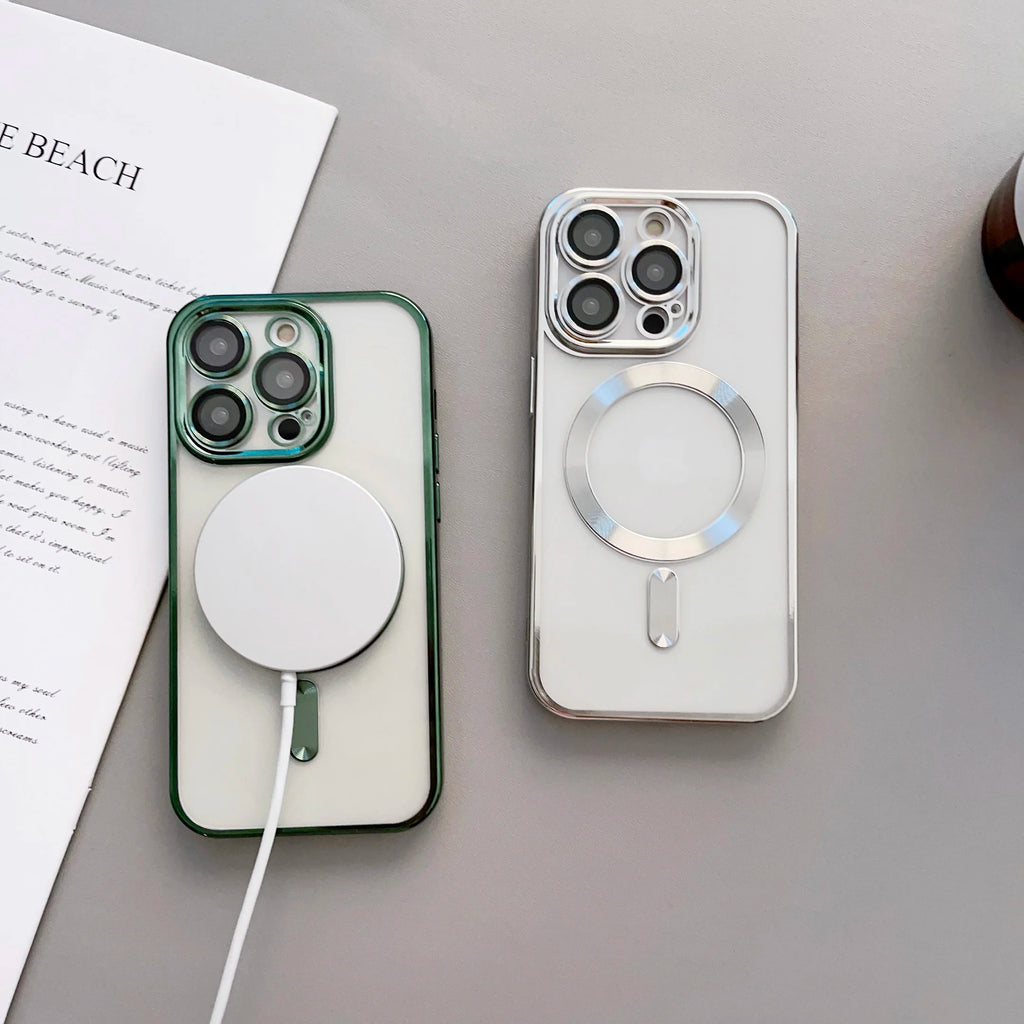 Luxury Plating Magnetic Wireless Charging Soft TPU Phone Case for iPhone 15 14 13 12 11 Pro Max Magsafe Lens Film Clear Cover