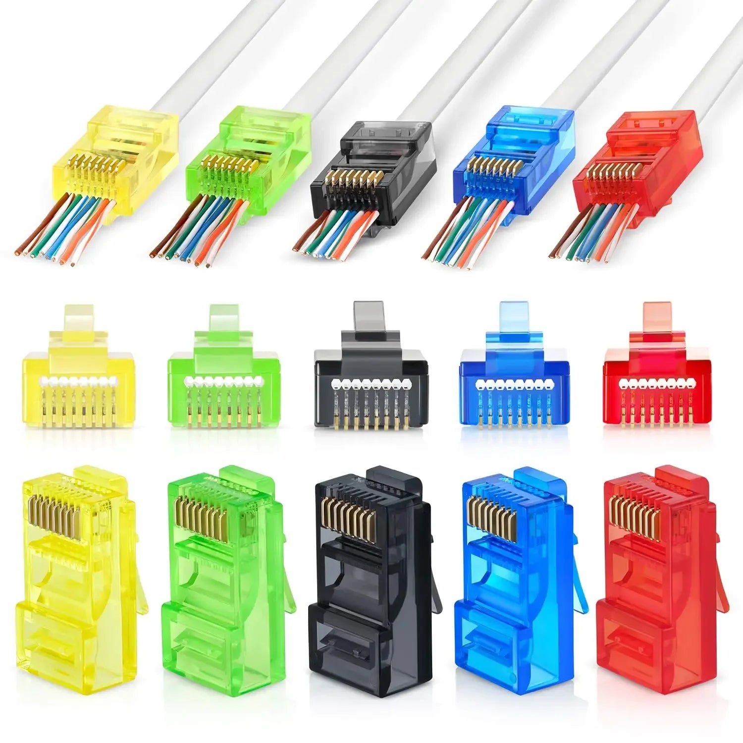 50pcs RJ45 PVC Network Cable Connector CAT5E Category 5e Unshielded Color Crystal Head for Solid/Stranded UTP Network Cable