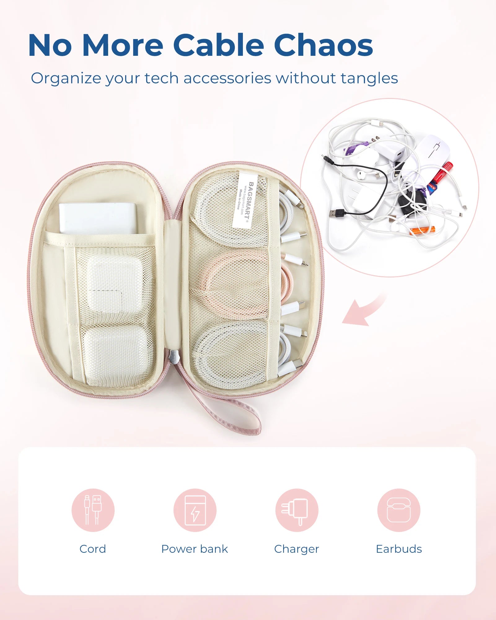 BAGSMART Travel Cable Bag Compact Tech Electronic Organizer Travel Case Essentials for Charger Cable Phone Flash drive