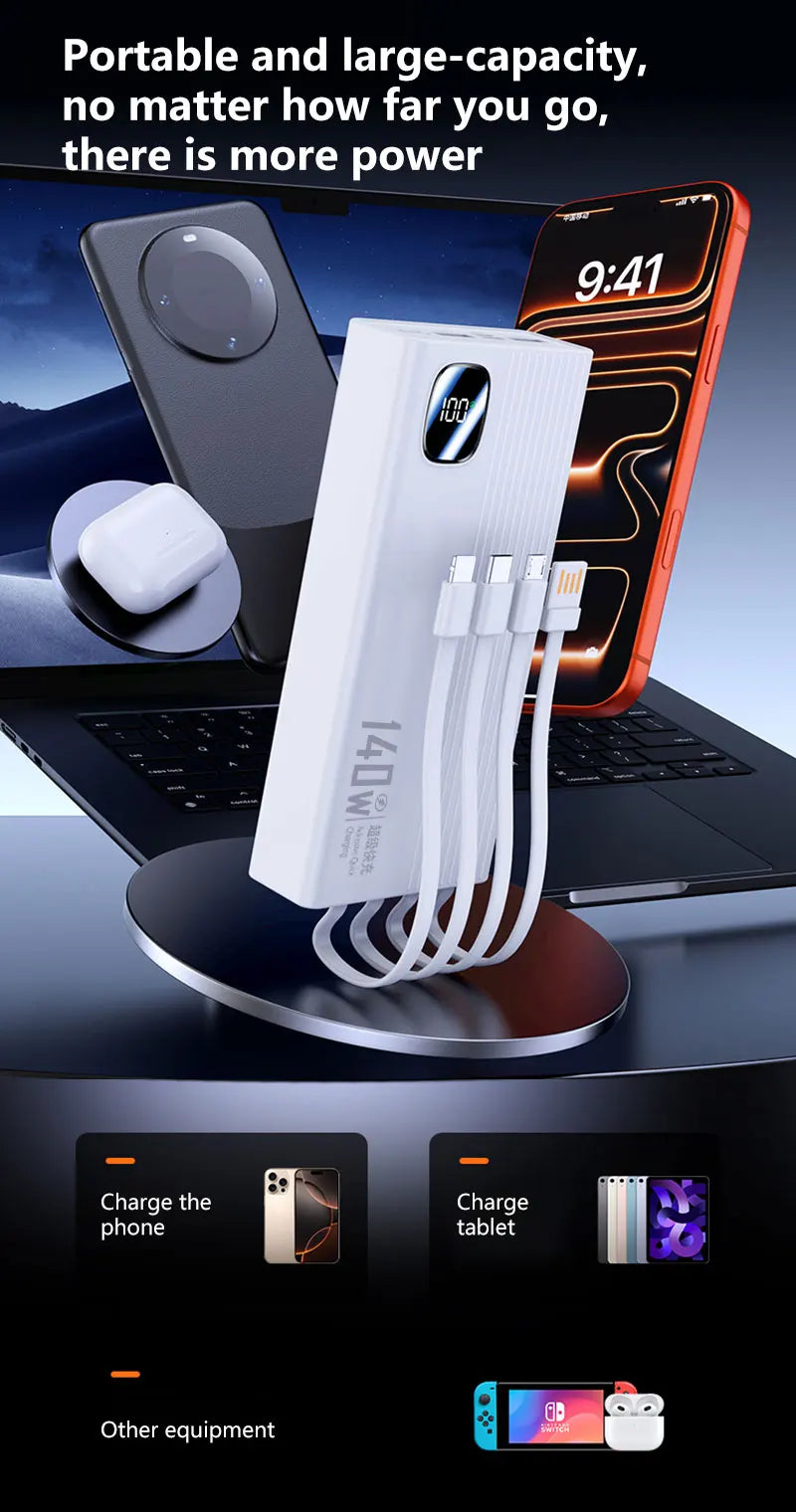 140W 500000mAh Power Bank Large Capacity 4 In1 Cables Intelligent Digital Display Light Portable Powerbank For iPhone Huawei New
