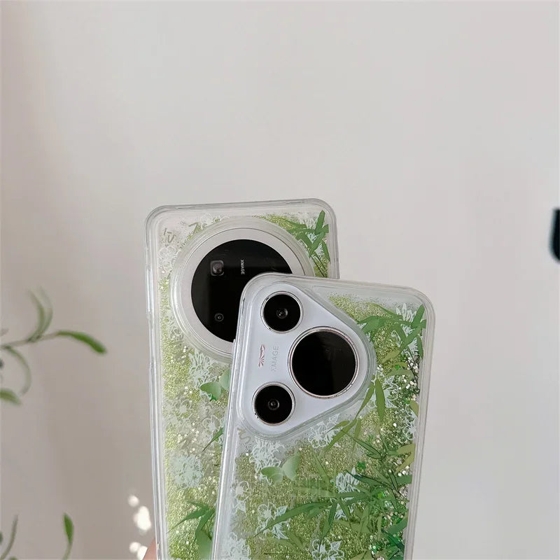 For Huawei Pura 70 Pro P60 Mate 40 50 60 Pro Case Glitter Shiny Bamboo Goldfish Liquid Quicksand Chinese Traditional Style Cover
