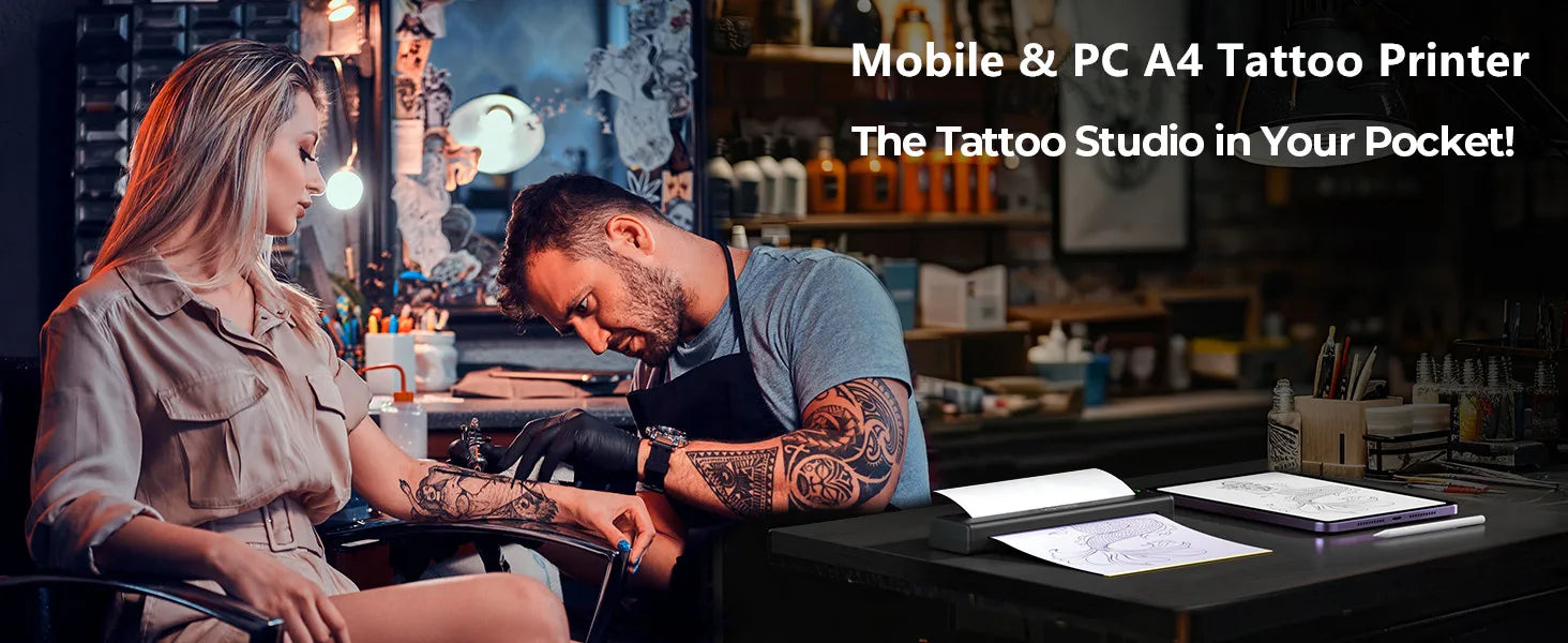 Wireless Thermal Tattoo Printer Bluetooth Tattoo Stencil Printer HD A4 Paper Printer Compatible with Android iOS Phone Tablet PC