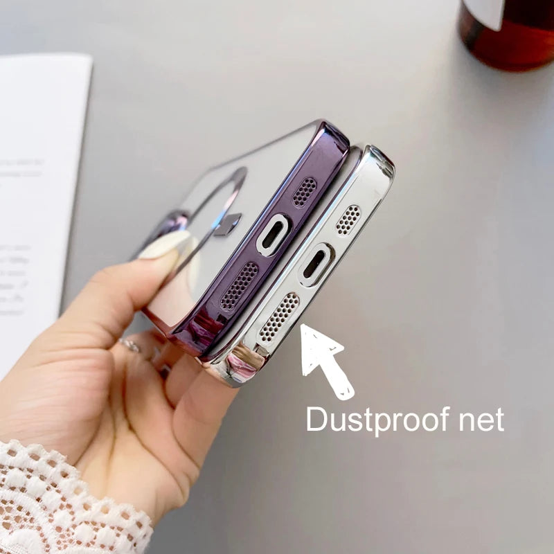 Luxury Plating Magnetic Wireless Charging Soft TPU Phone Case for iPhone 15 14 13 12 11 Pro Max Magsafe Lens Film Clear Cover