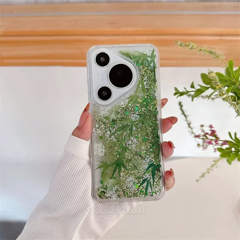 For Huawei Pura 70 Pro P60 Mate 40 50 60 Pro Case Glitter Shiny Bamboo Goldfish Liquid Quicksand Chinese Traditional Style Cover