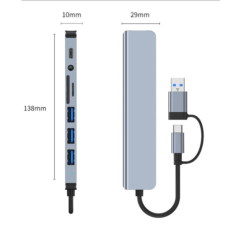 8 in 2 USB +Type C HUB Docking Station with 3.5mm Audio Jack Adapter Micro SD Card Reader Laptop Tablet Phone Disk Converter