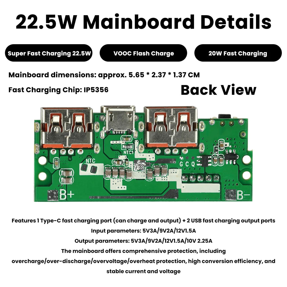 22.5W Fast Charging Module Power Bank Battery Holder 2* 1260110 Quick Charge PD Battery Holder Power Bank Case DIY Shell