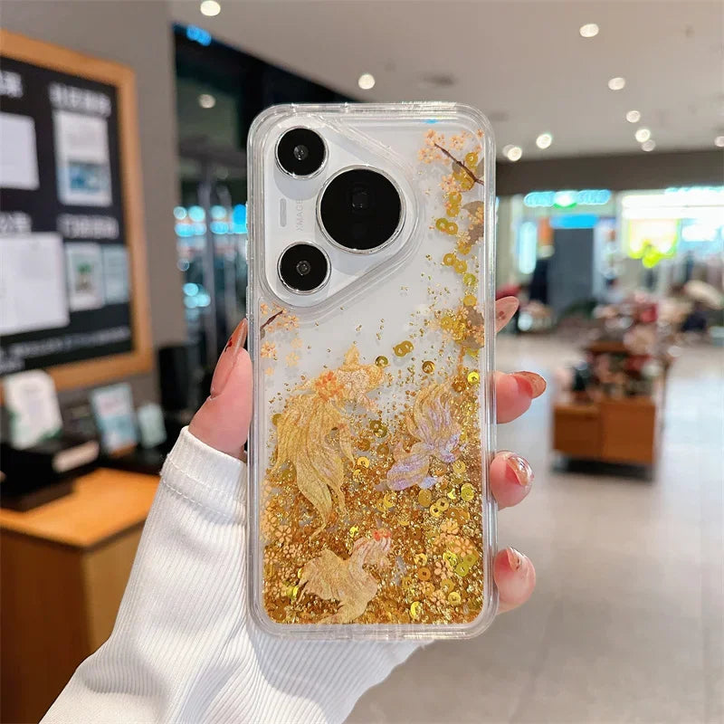 For Huawei Pura 70 Pro P60 Mate 40 50 60 Pro Case Glitter Shiny Bamboo Goldfish Liquid Quicksand Chinese Traditional Style Cover