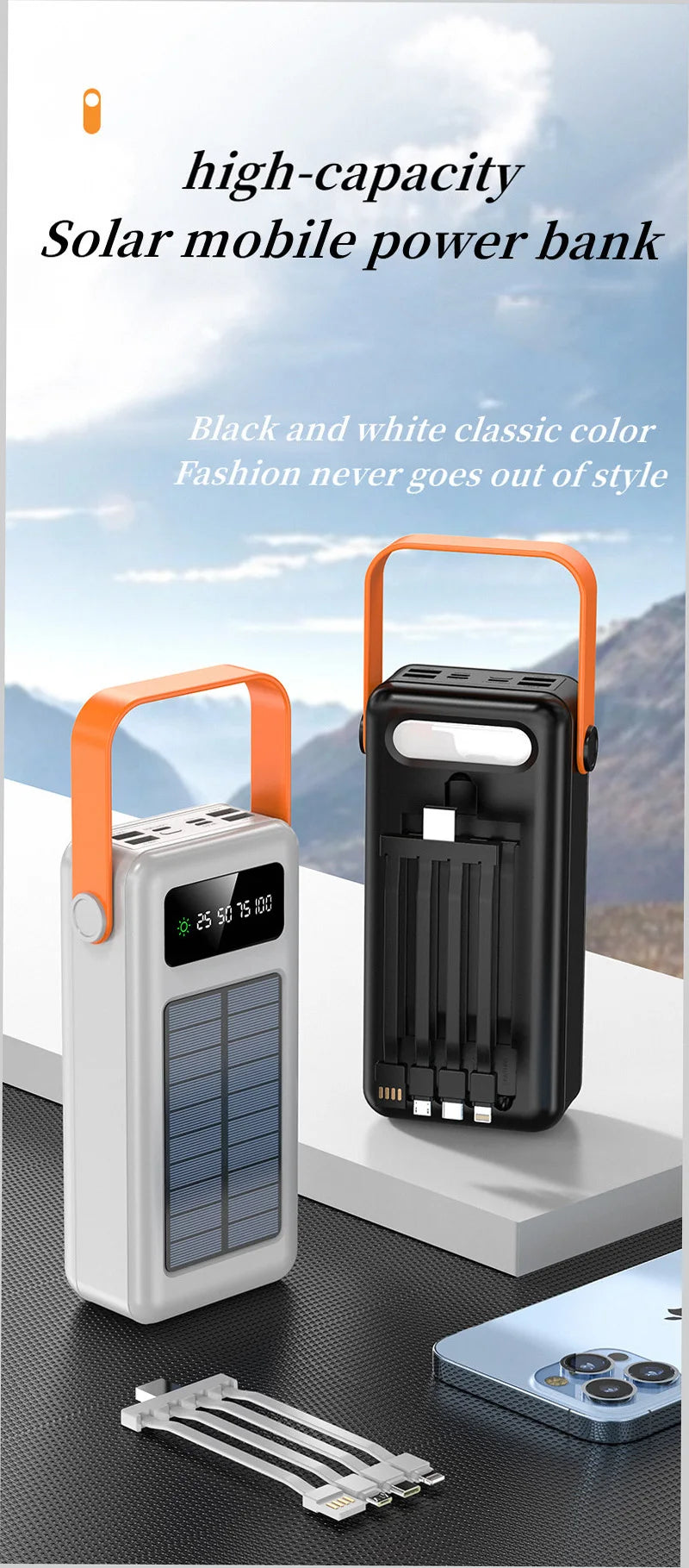 150000mAh Solar Panel Power Bank Fast charging Power Station with Four Wire External Battery Pack with Flashlight For Outdoors
