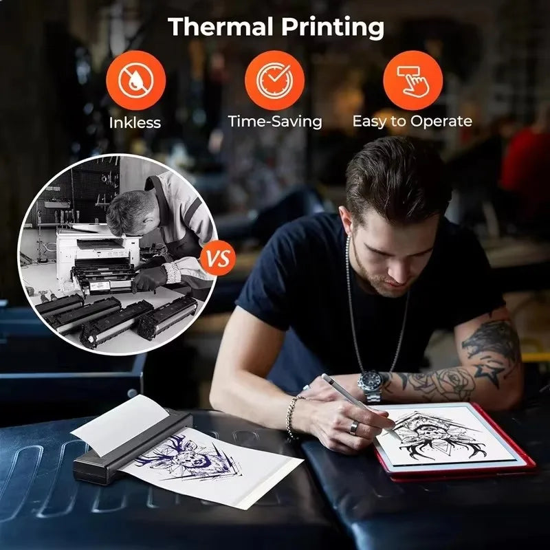 Wireless Thermal Tattoo Printer Bluetooth Tattoo Stencil Printer HD A4 Paper Printer Compatible with Android iOS Phone Tablet PC