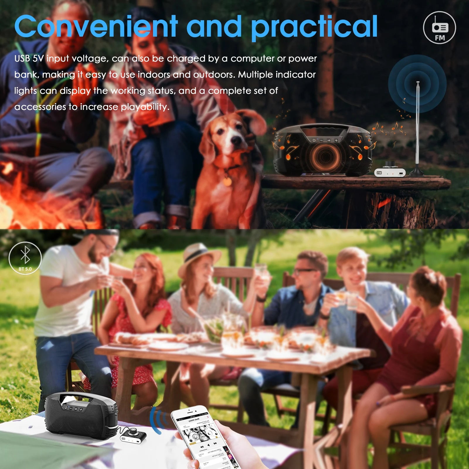 Douk Audio Portable 87-108Mhz FM Radio Tuner Stereo Bluetooth 5.0 Receiver Rechargeable with 3.5mm Out