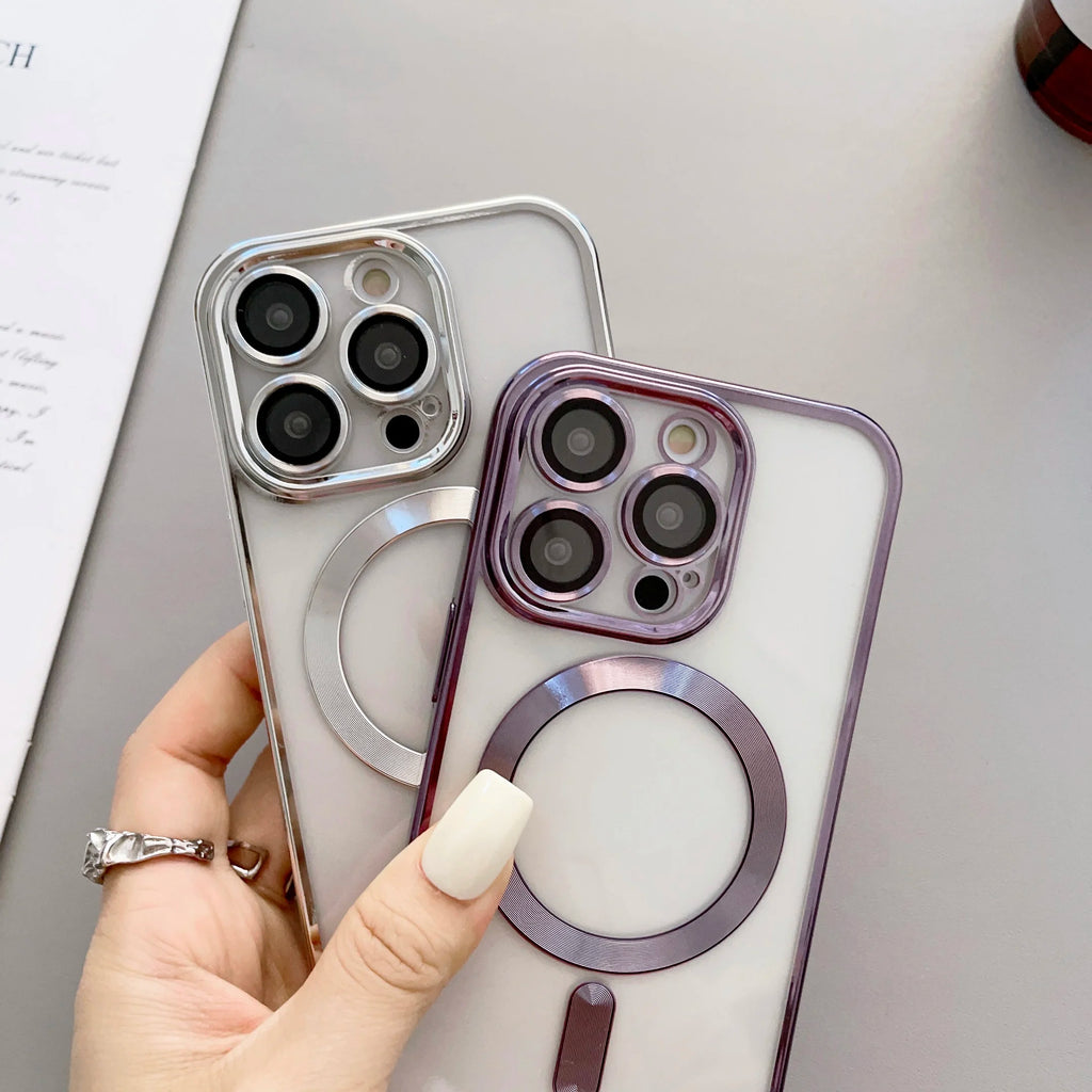Luxury Plating Magnetic Wireless Charging Soft TPU Phone Case for iPhone 15 14 13 12 11 Pro Max Magsafe Lens Film Clear Cover