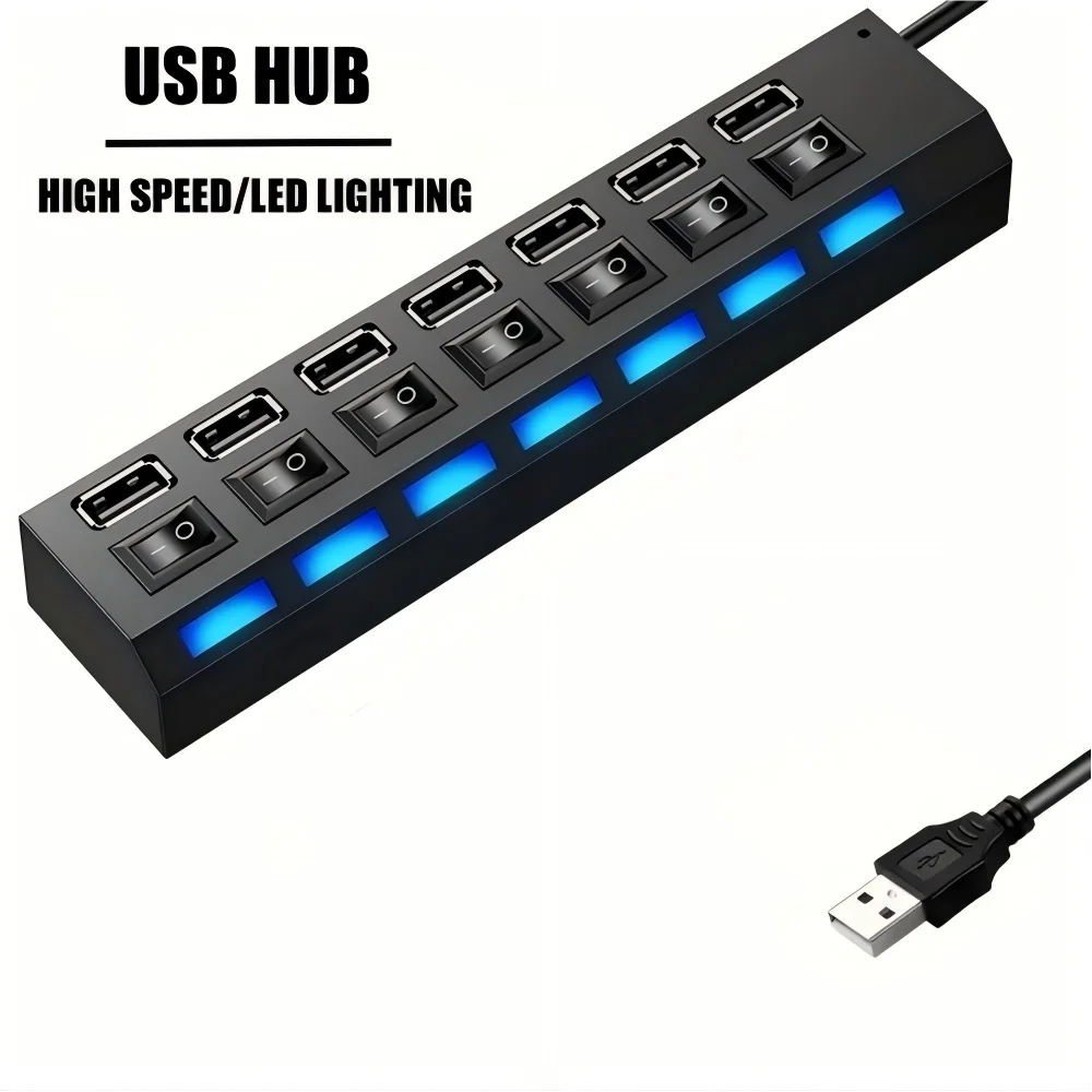 7 Ports USB 2.0 Hub LED 5Gbps High Speed Multiports USB Power Adapter Expander USB Splitter With Switch For Laptop Computer Home