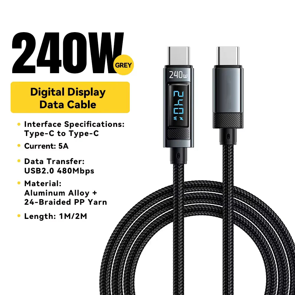 240W PD Fast Charging Type C to Type C Cable with 100W Digital Display USB C to USB C Cable for Xiaomi Huawei MacBook iPad
