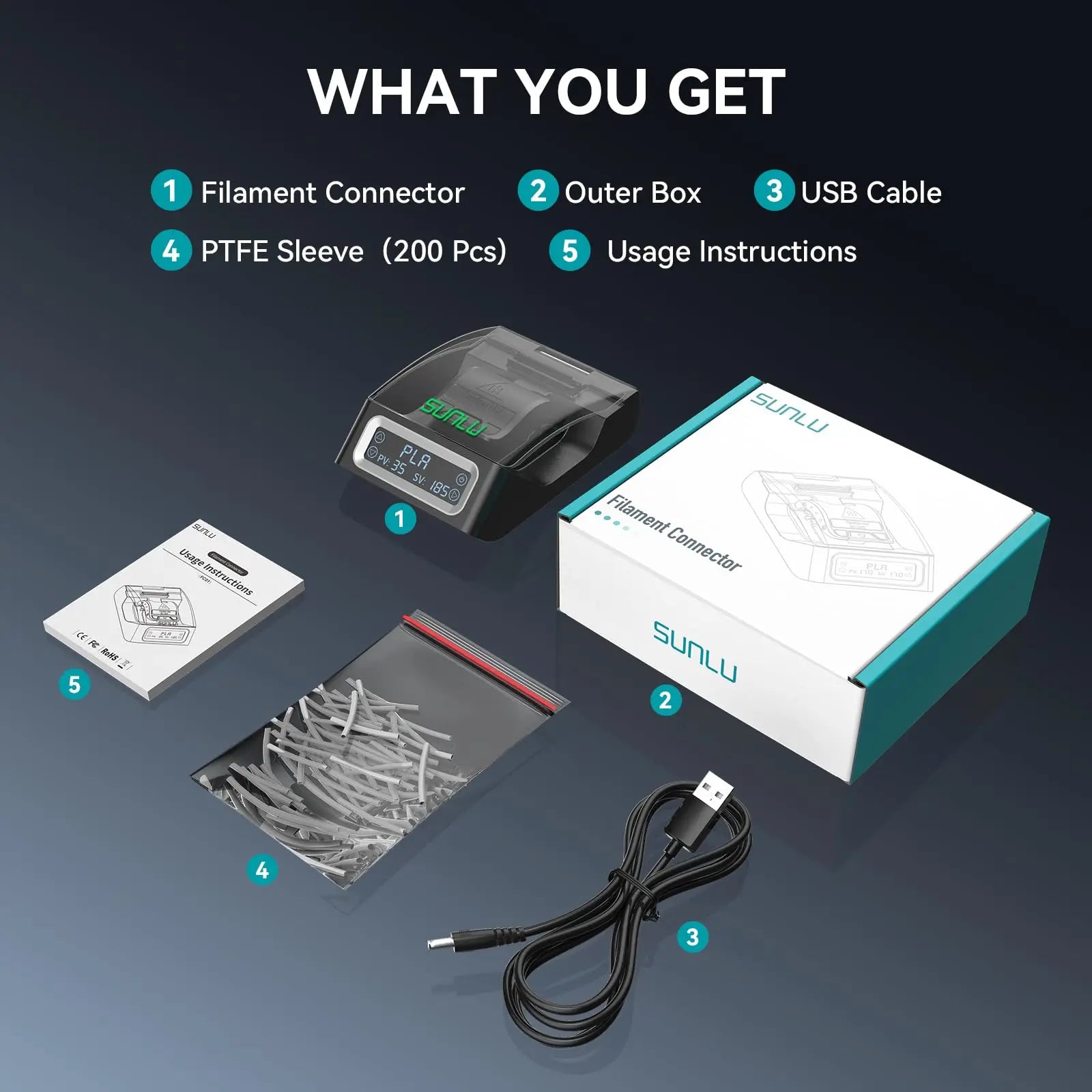 SUNLU Filament Connector 1.75mm Filament Fast Welding For PLA/PETG/TPU/ABS/PA/Nylon 200Pcs PTFE Sleeve filament Splicer