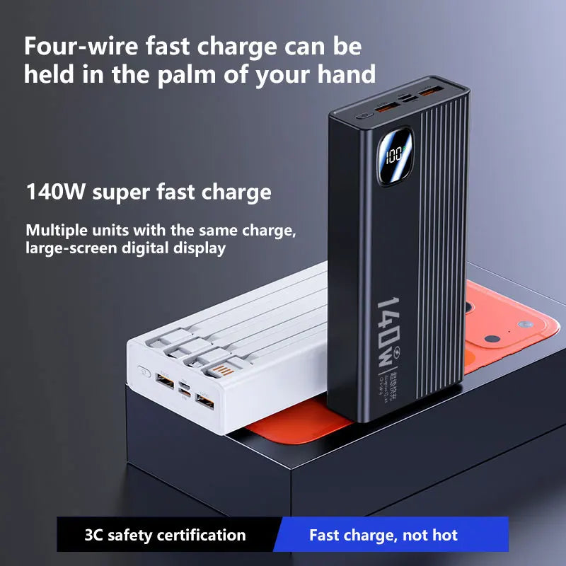 140W 500000mAh Power Bank Large Capacity 4 In1 Cables Intelligent Digital Display Light Portable Powerbank For iPhone Huawei New