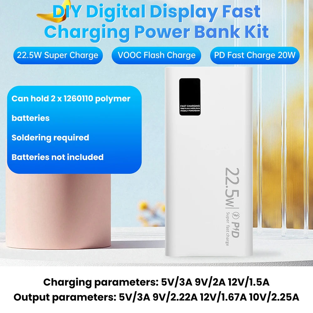 22.5W Fast Charging Module Power Bank Battery Holder 2* 1260110 Quick Charge PD Battery Holder Power Bank Case DIY Shell