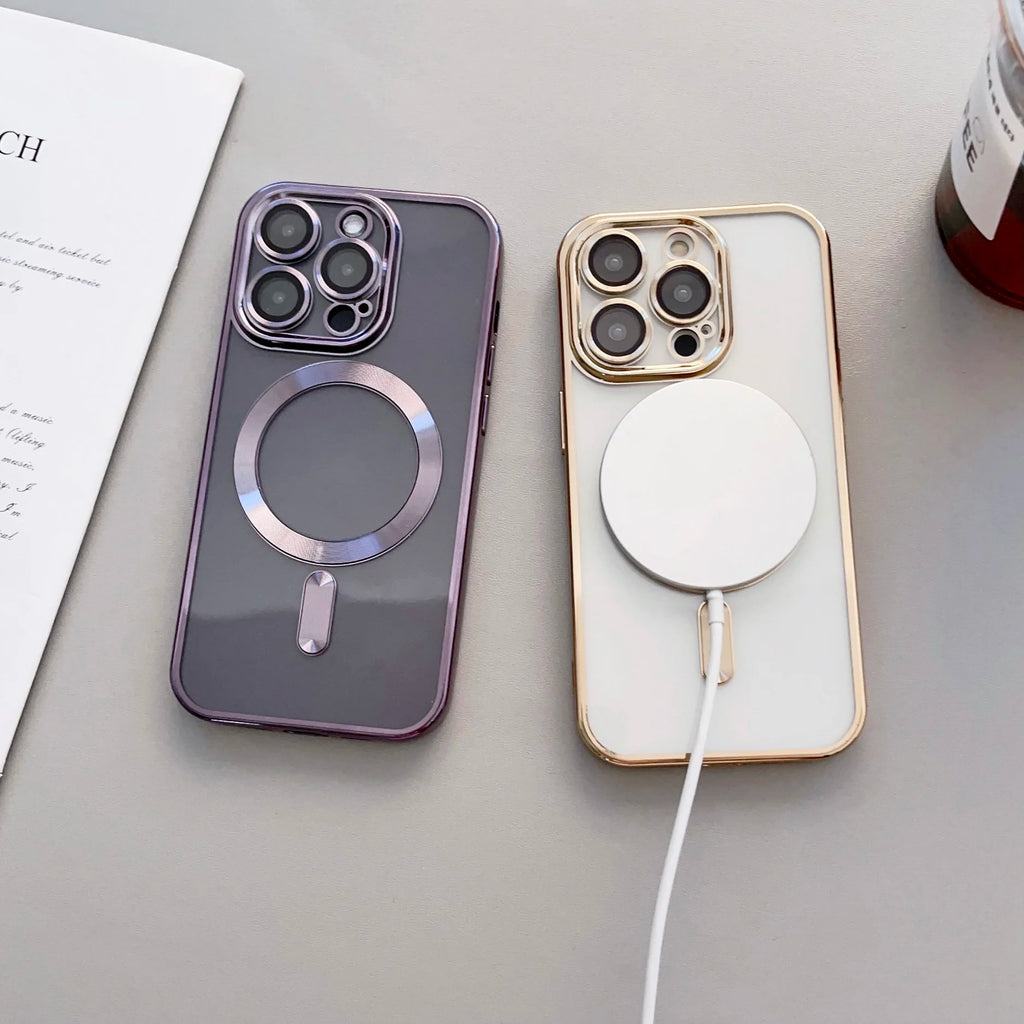 Luxury Plating Magnetic Wireless Charging Soft TPU Phone Case for iPhone 15 14 13 12 11 Pro Max Magsafe Lens Film Clear Cover