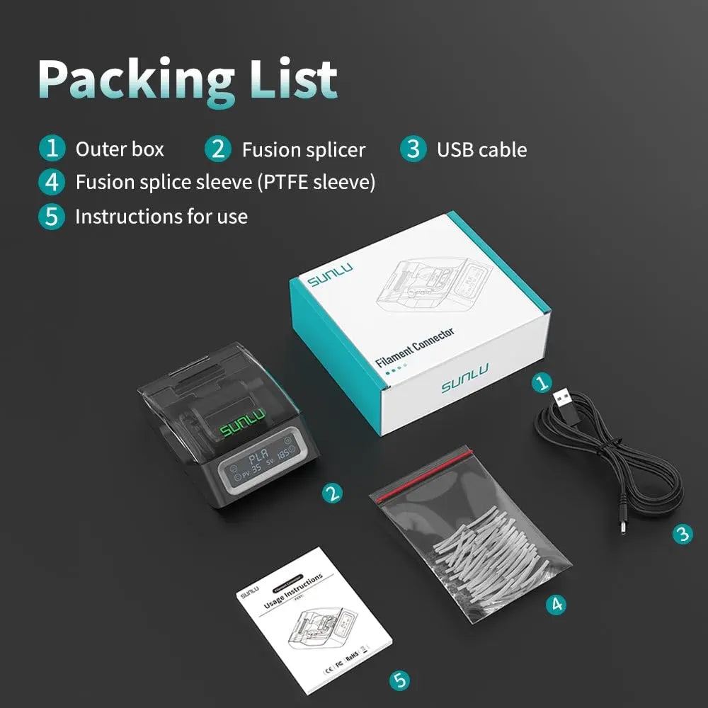 SUNLU Filament Connector 1.75mm Filament Fast Welding For PLA/PETG/TPU/ABS/PA/Nylon 200Pcs PTFE Sleeve filament Splicer